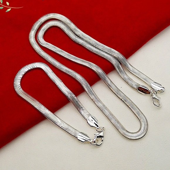 Sterling Silver Flat Snake Chain Necklace Matching Bracelet Set - Picture 5 of 10